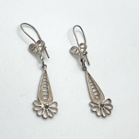 Vtg Sterling Silver Filigree Dangle Earrings 1.7” / Antique - Picture 2 of 6